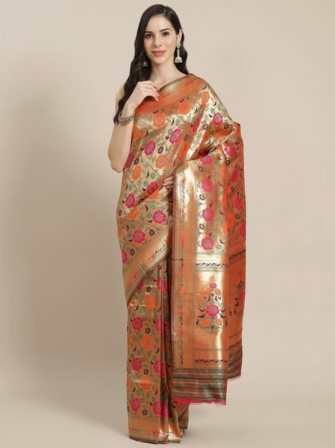 Sharaa Ethnica  Gold Silk Blend Saree With Unstitched Blouse Price in India
