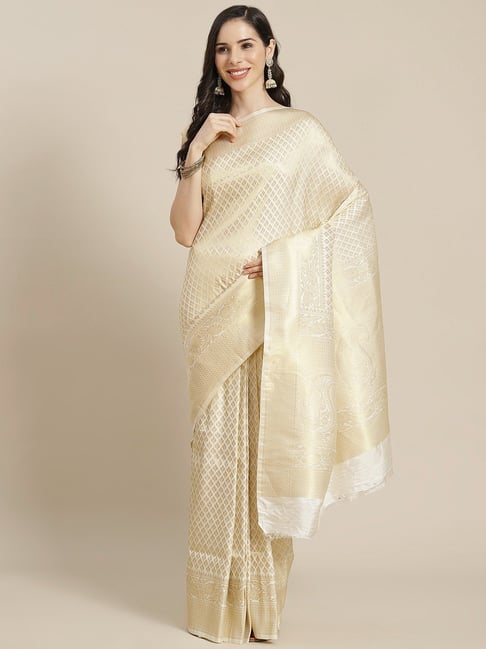 Sharaa Ethnica  Gold Silk Blend Saree With Unstitched Blouse Price in India