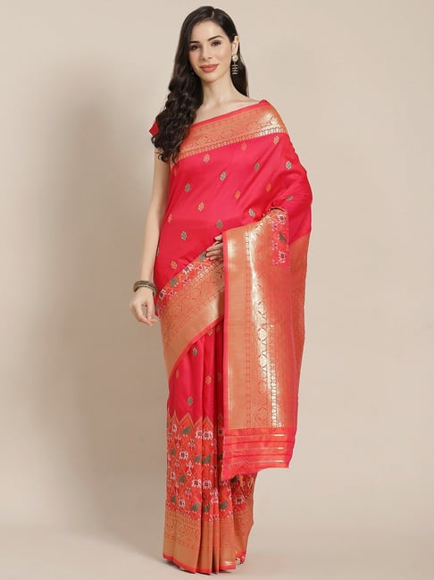 Sharaa Ethnica  Pink Silk Blend Saree With Unstitched Blouse Price in India