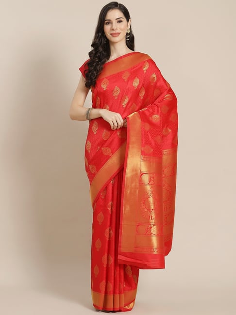 Sharaa Ethnica  Red Silk Blend Saree With Unstitched Blouse Price in India