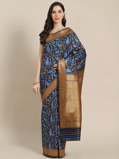Sharaa Ethnica  Blue Silk Blend Saree With Unstitched Blouse Price in India