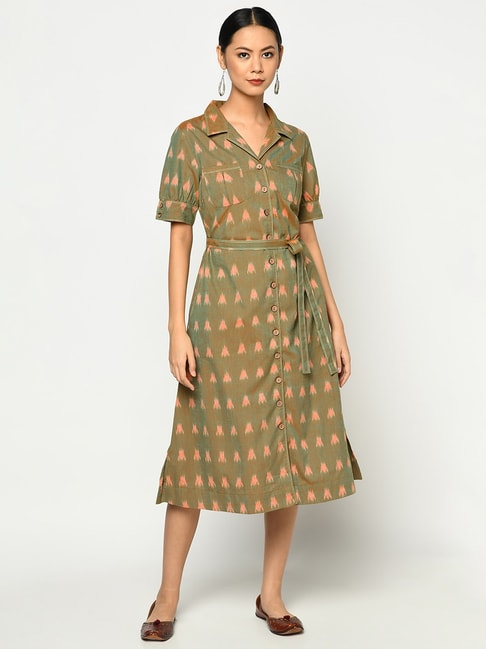 Fabindia Green Cotton Printed A-Line Dress Price in India