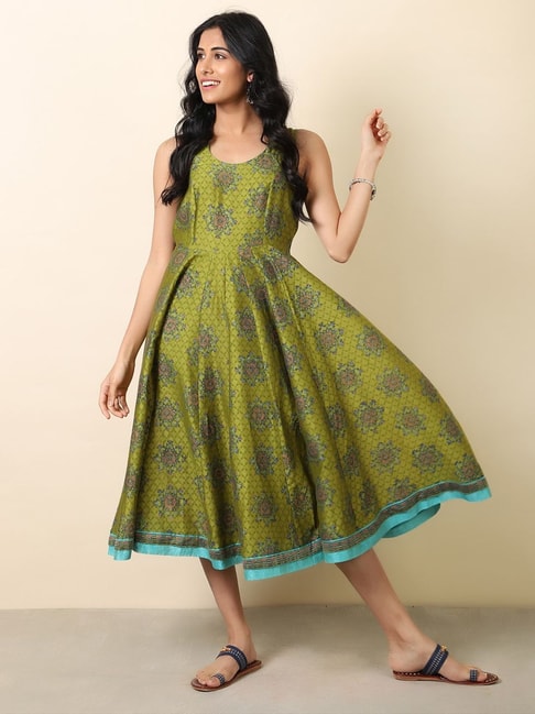 Fabindia Green Printed A-Line Dress Price in India