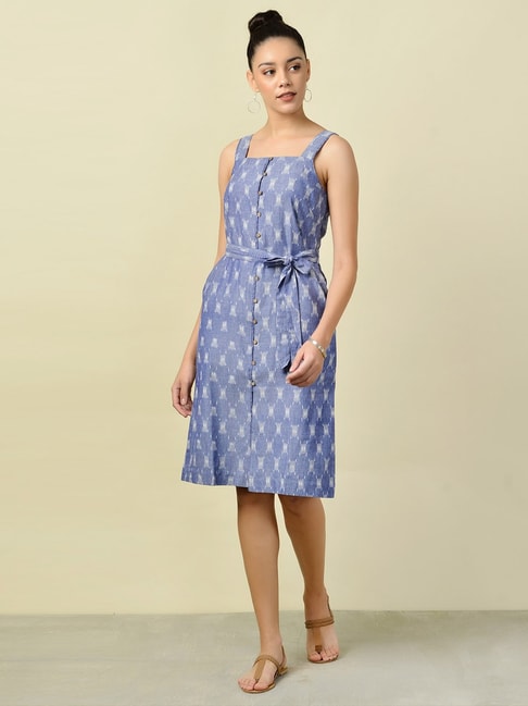 Fabindia Blue Cotton Printed A-Line Dress Price in India