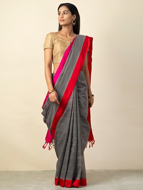 Fabindia Grey Cotton Printed Saree With Unstitched Blouse Price in India