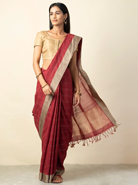 Fabindia Red Cotton Printed Saree With Unstitched Blouse Price in India