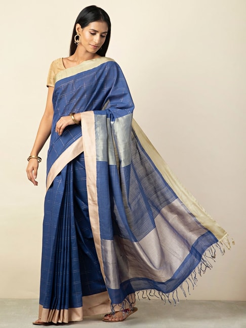 Fabindia Blue Cotton Printed Saree With Unstitched Blouse Price in India
