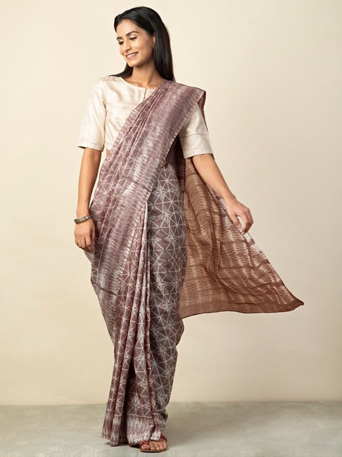 Fabindia Grey Printed Saree With Unstitched Blouse Price in India