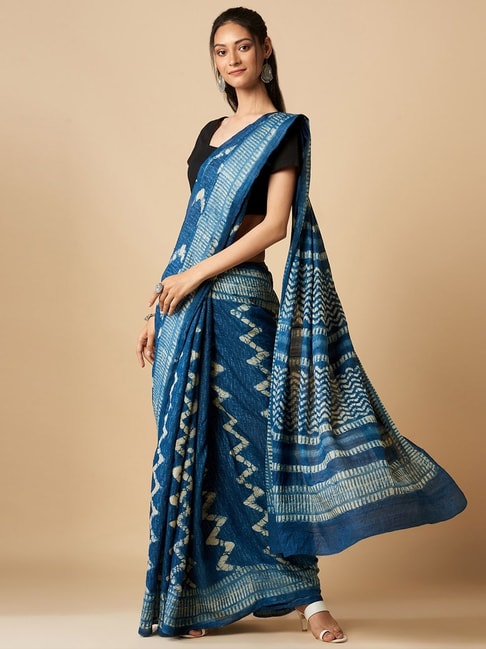Fabindia Blue Printed Saree With Unstitched Blouse Price in India