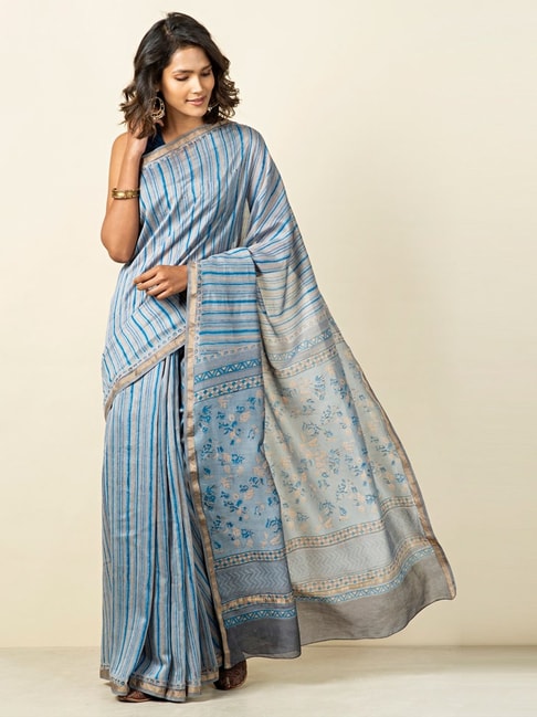 Fabindia Blue & Grey Printed Saree With Unstitched Blouse Price in India