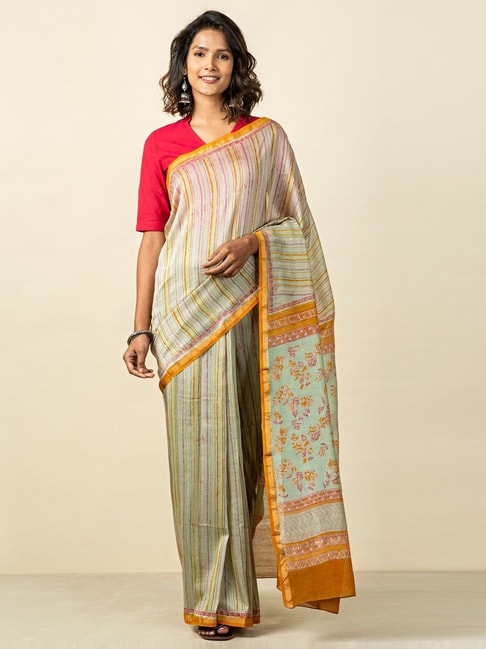 Fabindia Green Striped Saree With Unstitched Blouse Price in India