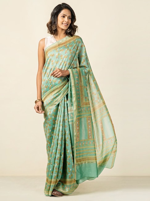 Fabindia Green Printed Saree With Unstitched Blouse Price in India
