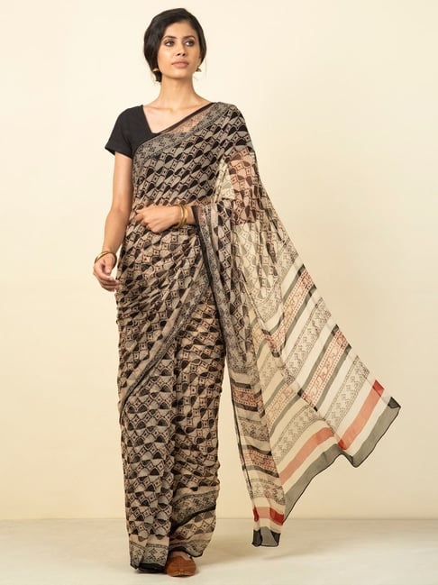 Fabindia Black & Beige Printed Saree Price in India