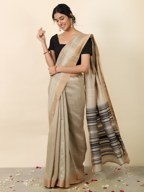 Fabindia Beige Saree With Unstitched Blouse Price in India