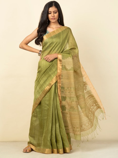 Fabindia Green Saree With Unstitched Blouse Price in India