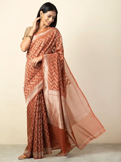 Fabindia Brown Woven Saree With Unstitched Blouse Price in India