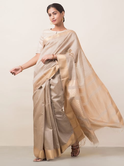 Fabindia Beige Woven Saree With Unstitched Blouse Price in India