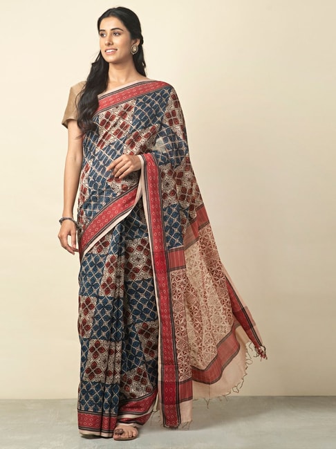 Fabindia Beige & Blue Printed Saree With Unstitched Blouse Price in India
