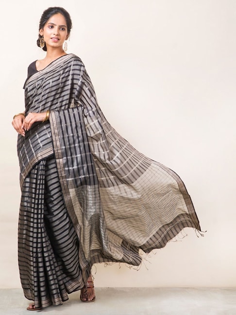 Fabindia Grey & Black Striped Saree With Unstitched Blouse Price in India