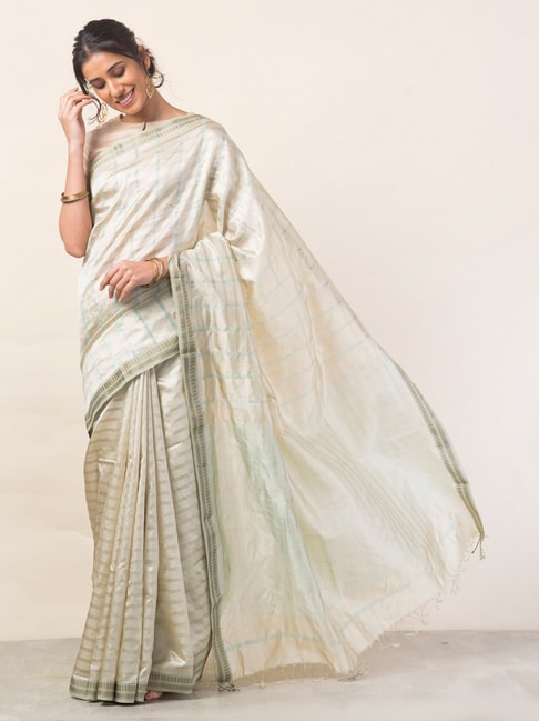 Fabindia Off-White Striped Saree With Unstitched Blouse Price in India