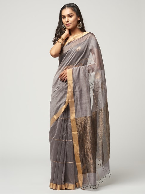 Fabindia Grey Printed Saree With Unstitched Blouse Price in India
