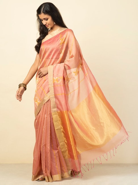 Fabindia Pink Printed Saree With Unstitched Blouse Price in India