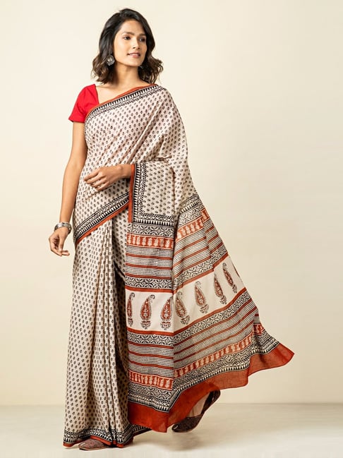 Fabindia White Cotton Printed Saree Price in India
