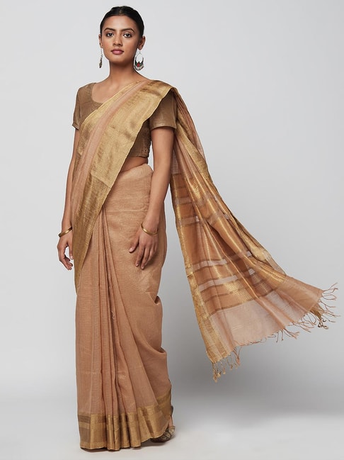Fabindia Beige Woven Saree With Unstitched Blouse Price in India