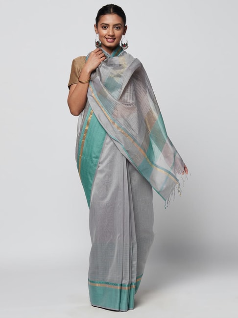 Fabindia Grey Striped Saree With Unstitched Blouse Price in India
