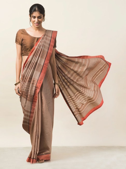 Fabindia Beige Striped Saree With Unstitched Blouse Price in India