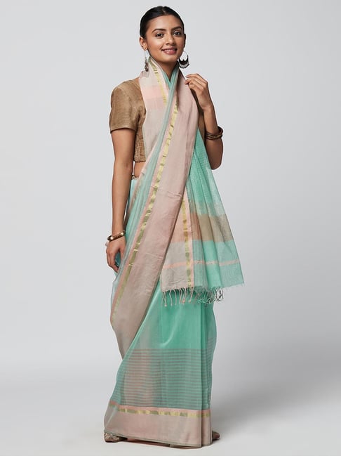 Fabindia Turquoise Striped Saree With Unstitched Blouse Price in India