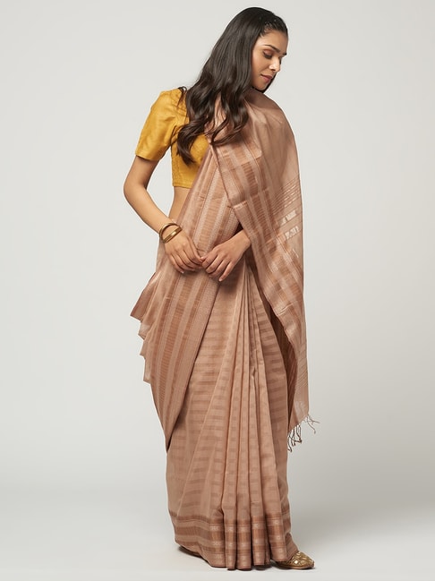 Fabindia Beige Woven Saree With Unstitched Blouse Price in India