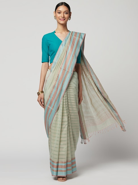 Fabindia Green Woven Saree With Unstitched Blouse Price in India