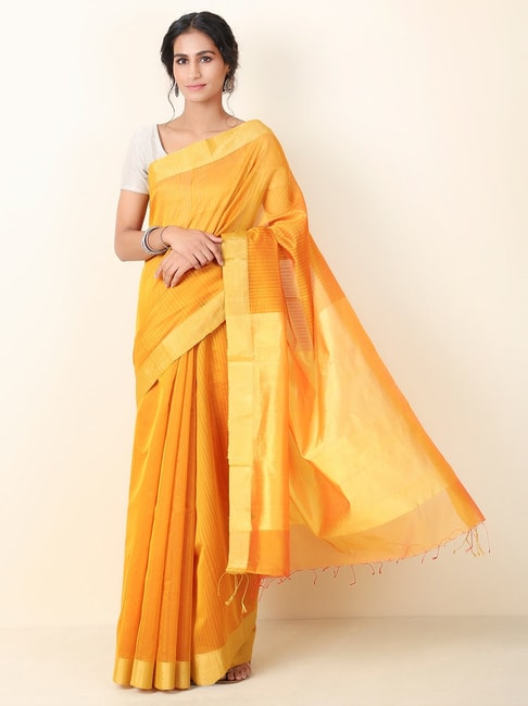 Fabindia Yellow Striped Saree With Unstitched Blouse Price in India