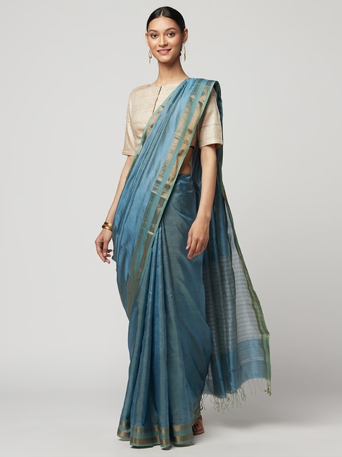 Fabindia Blue Embroidered Saree With Unstitched Blouse Price in India
