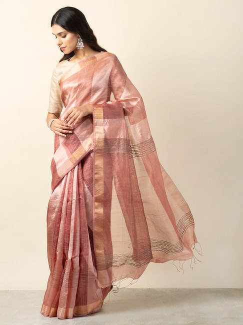 Fabindia Peach Printed Saree With Unstitched Blouse Price in India
