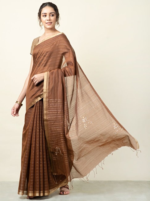 Fabindia Brown Striped Saree With Unstitched Blouse Price in India