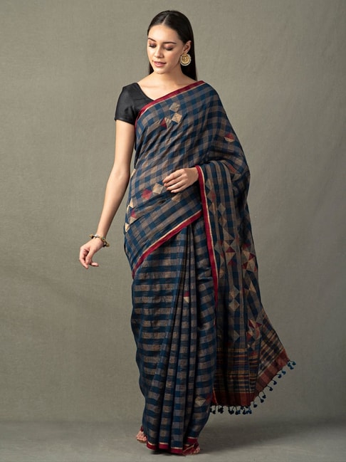 Fabindia Blue & Beige Cotton Woven Saree With Unstitched Blouse Price in India