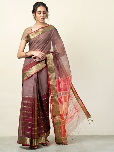 Fabindia Grey & Purple Striped Saree With Unstitched Blouse Price in India