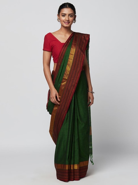 Fabindia Green Cotton Saree With Unstitched Blouse Price in India