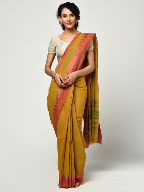 Fabindia Yellow Cotton Woven Saree Price in India