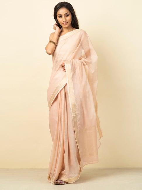 Fabindia Beige Cotton Woven Saree Price in India