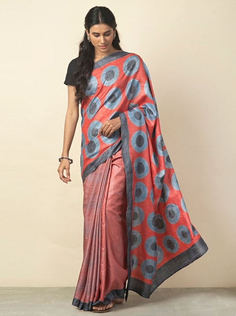 Fabindia Red & Grey Printed Saree With Unstitched Blouse Price in India