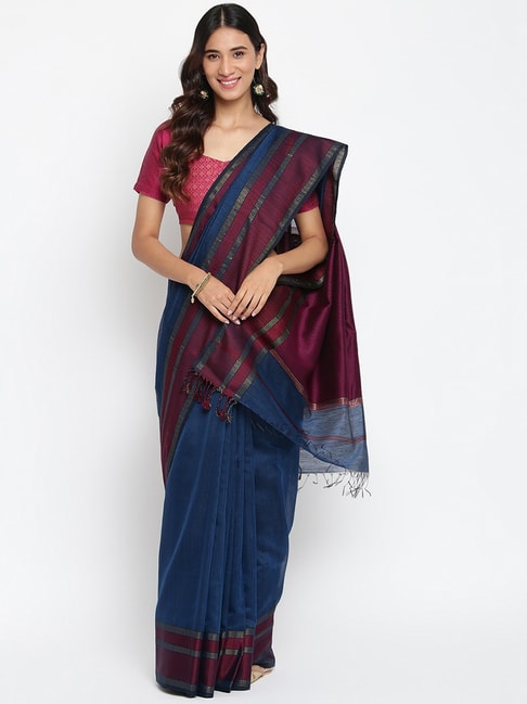 Fabindia Blue & Purple Printed Saree With Unstitched Blouse Price in India