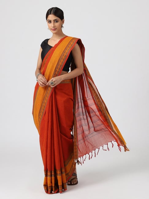 Fabindia Orange & Yellow Cotton Printed Saree Price in India