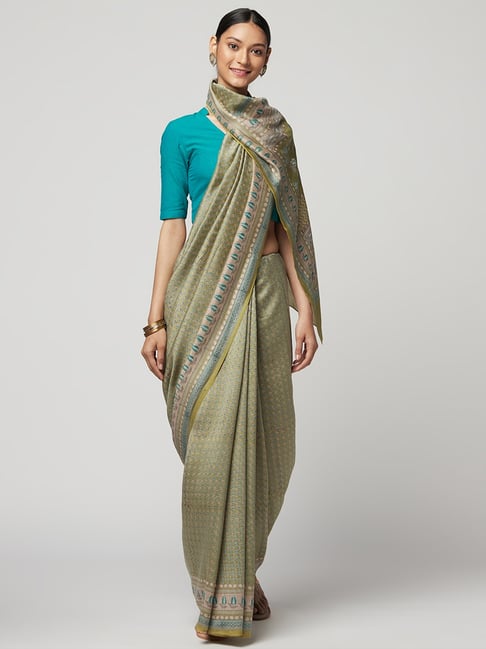 Fabindia Green Printed Saree With Unstitched Blouse Price in India