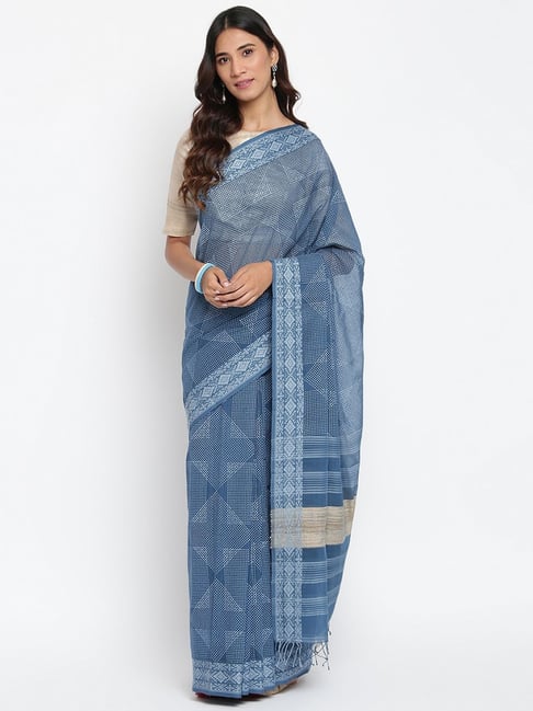 Fabindia Blue Cotton Printed Saree Price in India