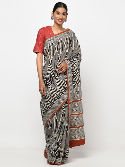 Fabindia Black & Beige Cotton Printed Saree Price in India