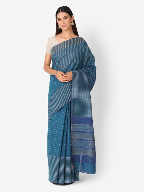 Fabindia Blue Cotton Woven Saree Price in India