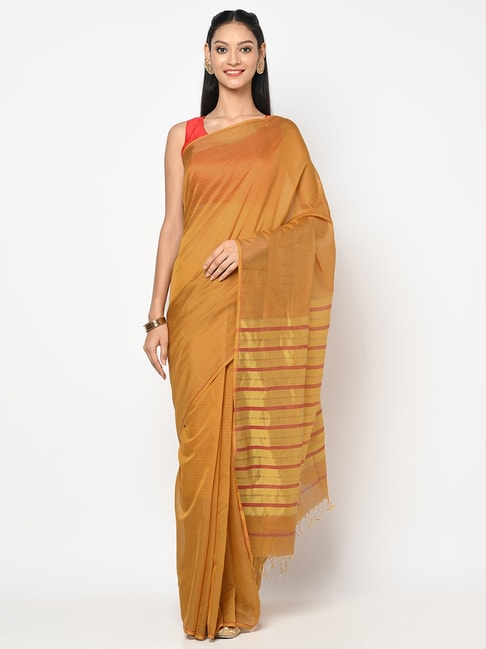 Fabindia Yellow Striped Saree With Unstitched Blouse Price in India